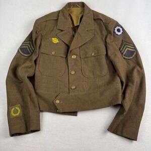 Vintage WWII US Army Ike Jacket Wool Field Coat Technical Sergeant Patches S/M
